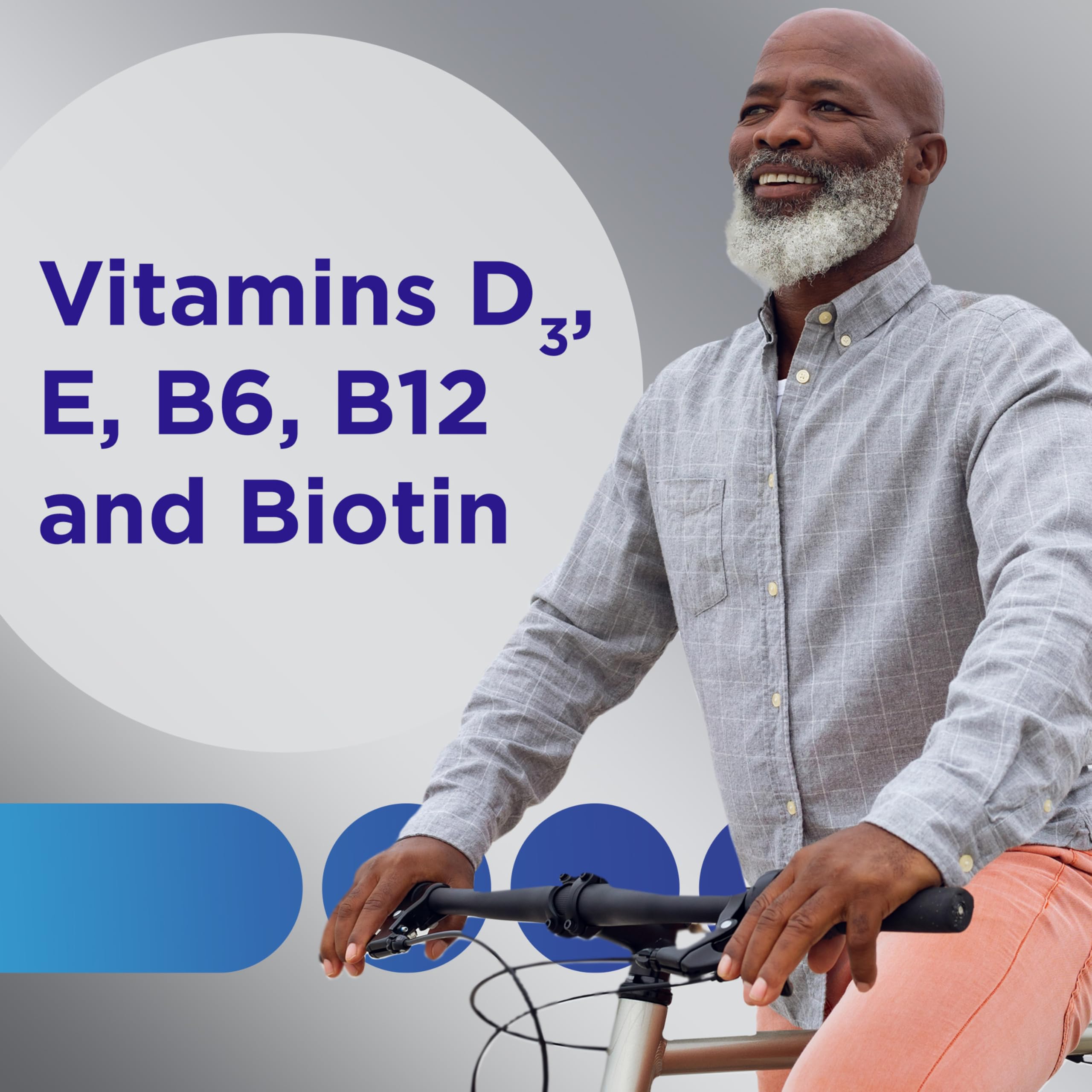 Centrum MultiGummies Hommes 50+ apporte D3, E, B6 et B12 pour le métabolisme.