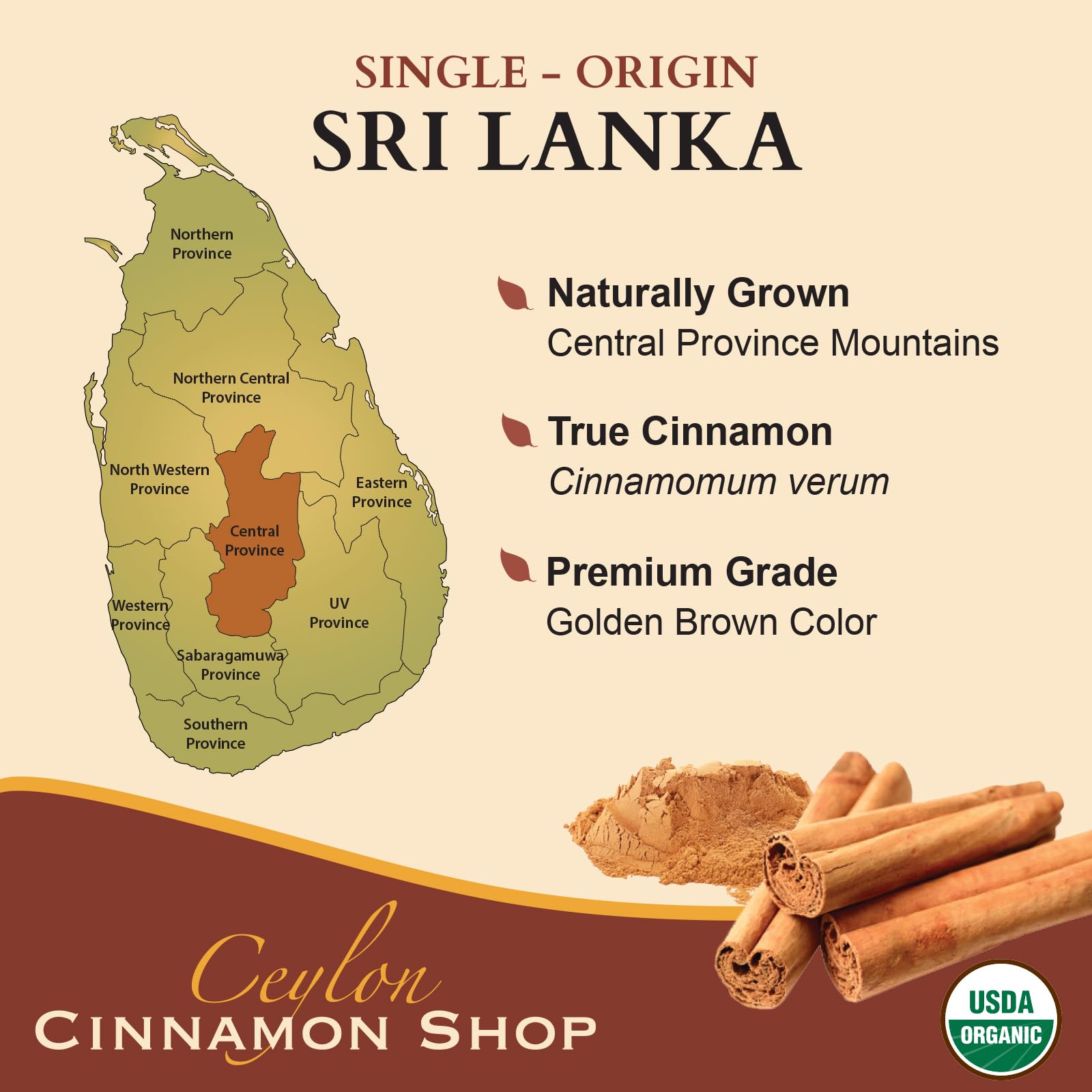 Ceylon Cinnamon Shop – arôme cannelle doux, goût agréable.