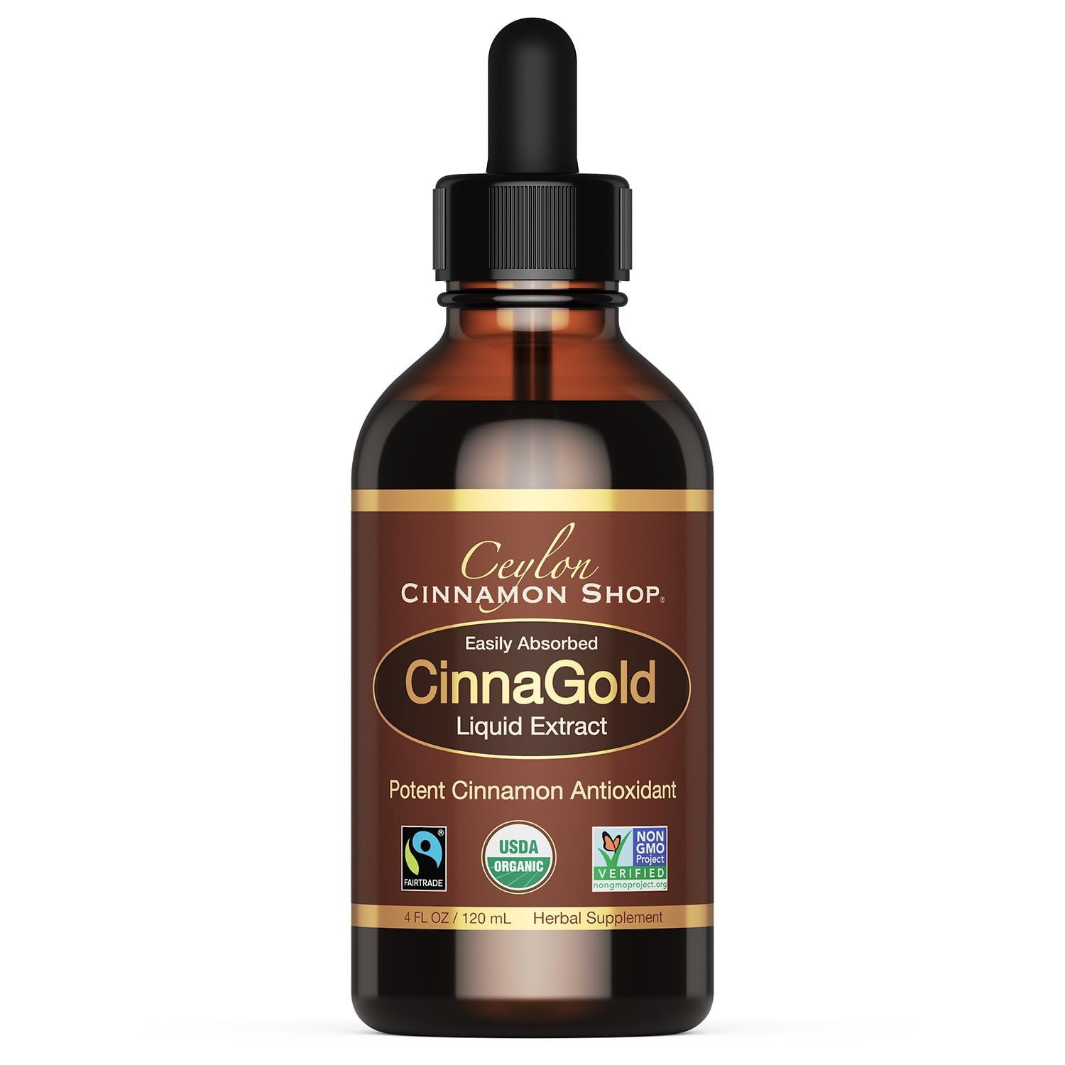 Ceylon Cinnamon Shop CinnaGold extrait liquide dans une bouteille, absorption rapide.