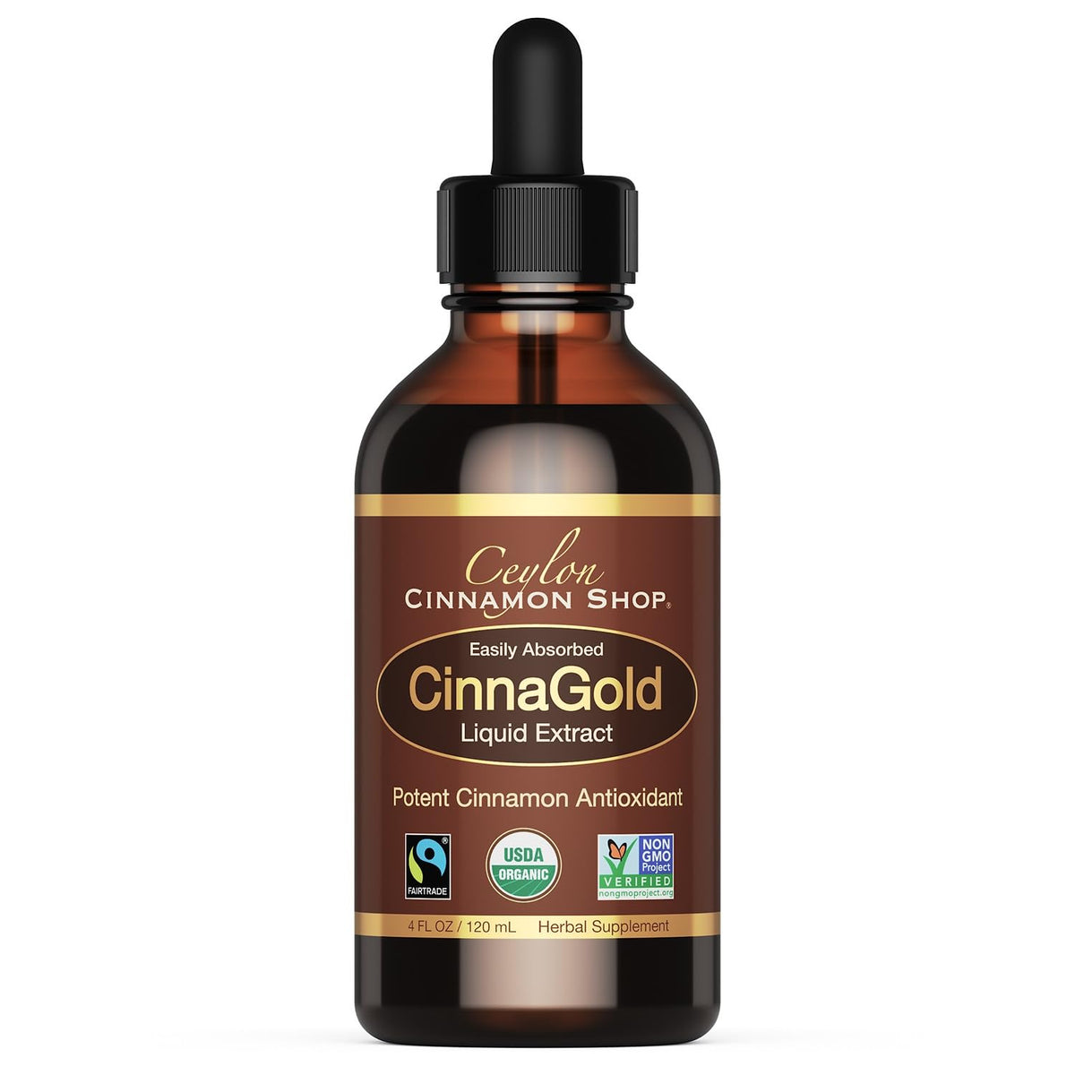 Ceylon Cinnamon Shop CinnaGold extrait liquide dans une bouteille, absorption rapide.