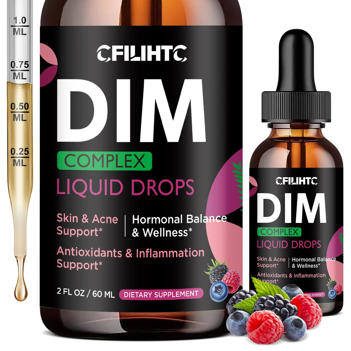 CFILIHTC DIM Drops, bottle visible, simple daily use for hormonal balance.