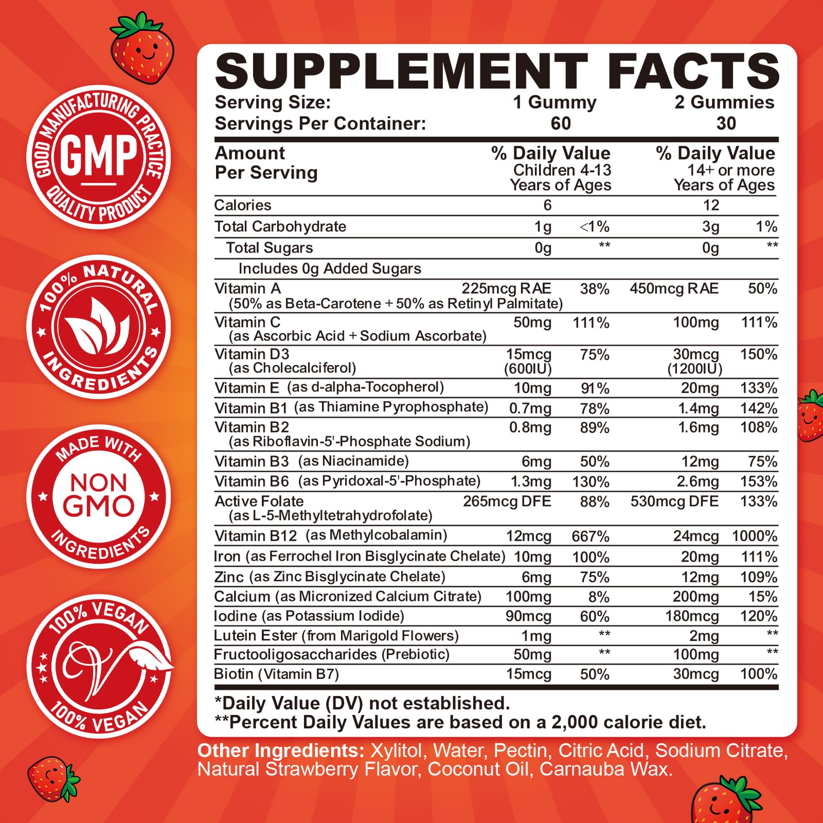 CFILIHTC gommes-vitamines enfant fraise, apport nutritionnel quotidien pour l'énergie.