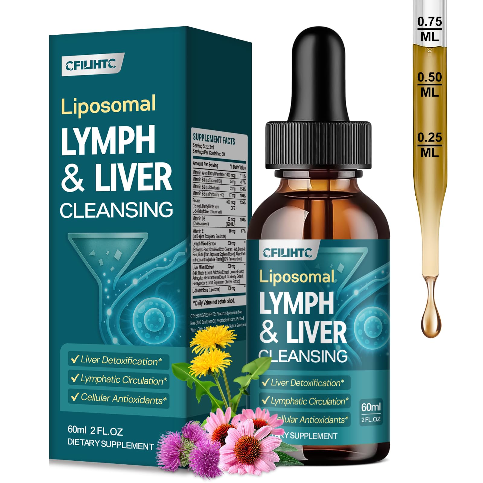 CFILIHTC gouttes liposomales drainage lymphatique en bouteille, soutien detox léger et efficace.