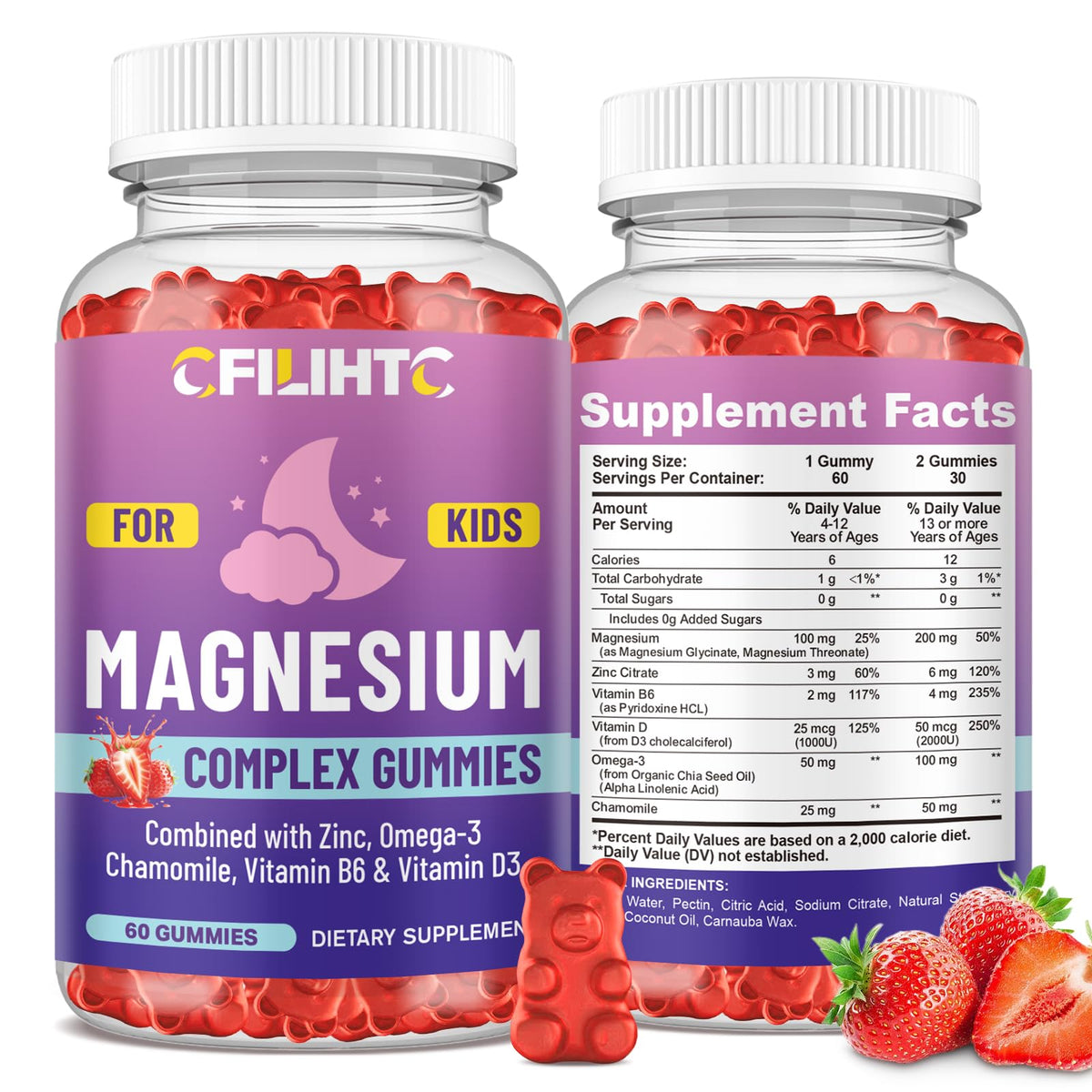 CFILIHTC gummies magnésium enfants - bouteille fraise, soutien sommeil et calme.
