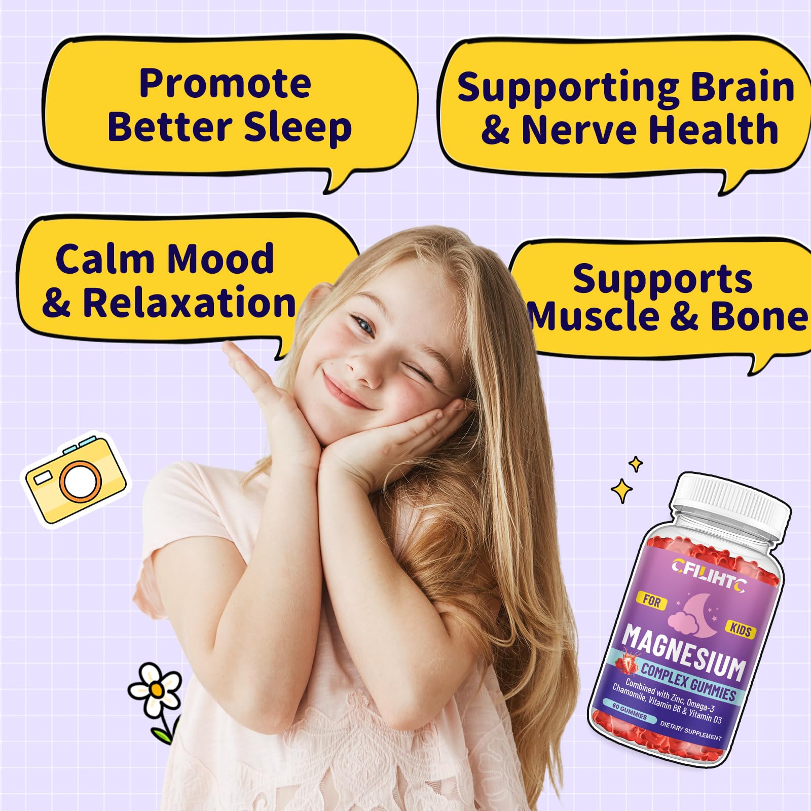 CFILIHTC gummies magnésium enfants - oméga-3 algues, soutien cerveau et nerveux.