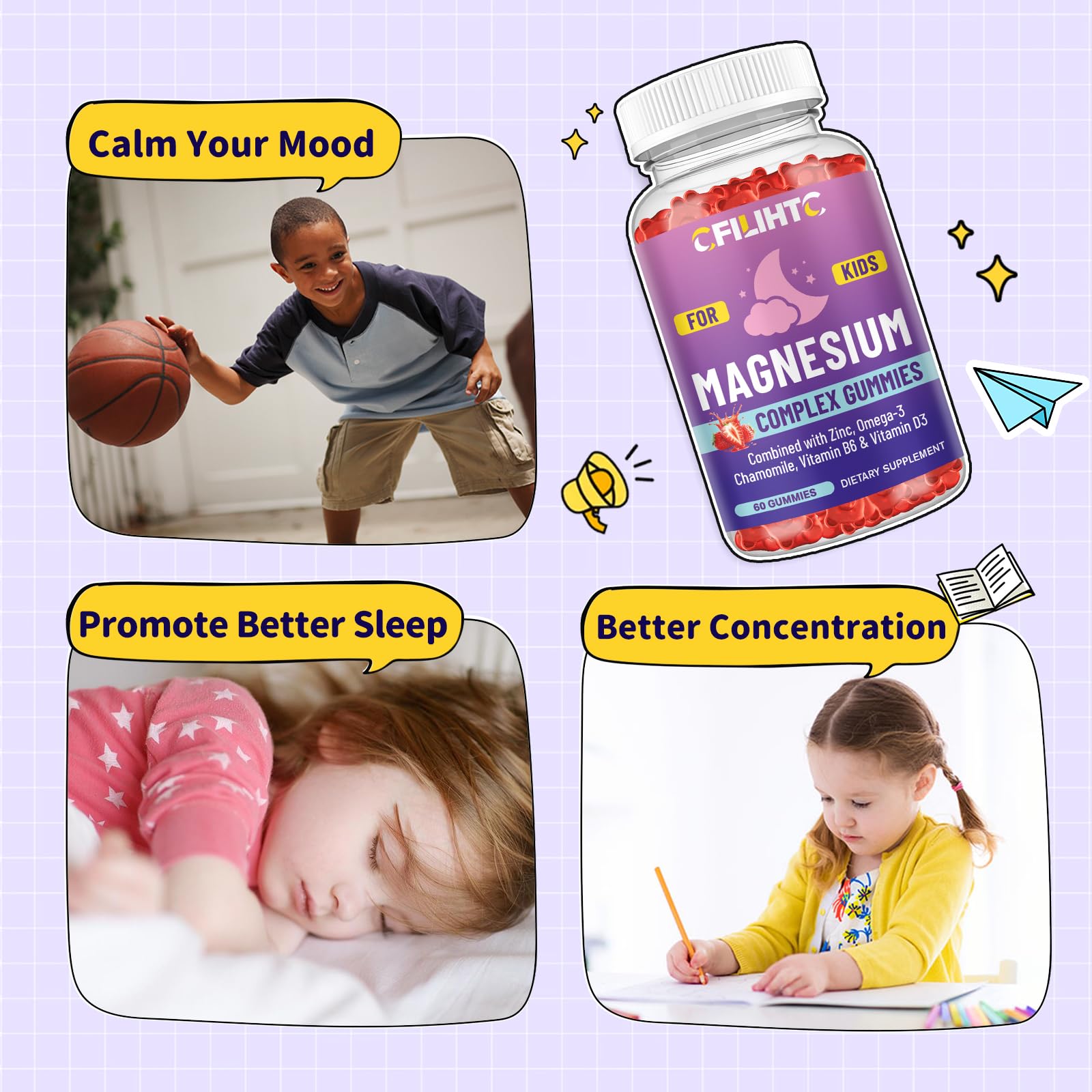 CFILIHTC gummies magnésium enfants - prise quotidienne facile, routine simple.