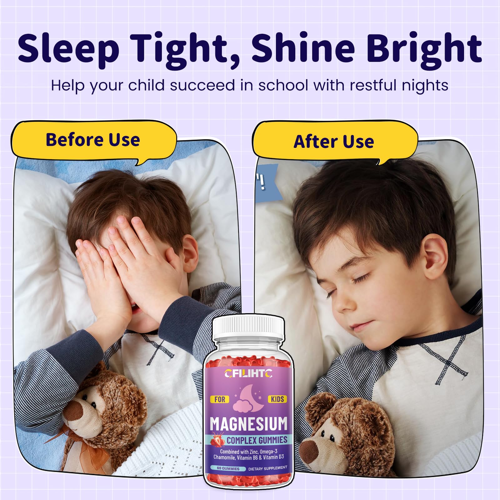 CFILIHTC gummies magnésium enfants - vitamine D3 et B6, absorption et énergie.