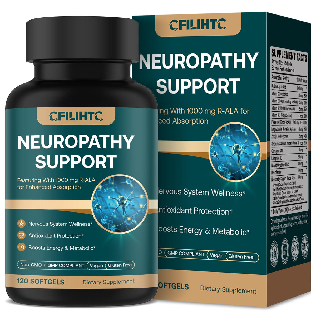 CFILIHTC Acide alpha-lipoïque R-ALA 1000 mg, soutien nerveux potentiel.