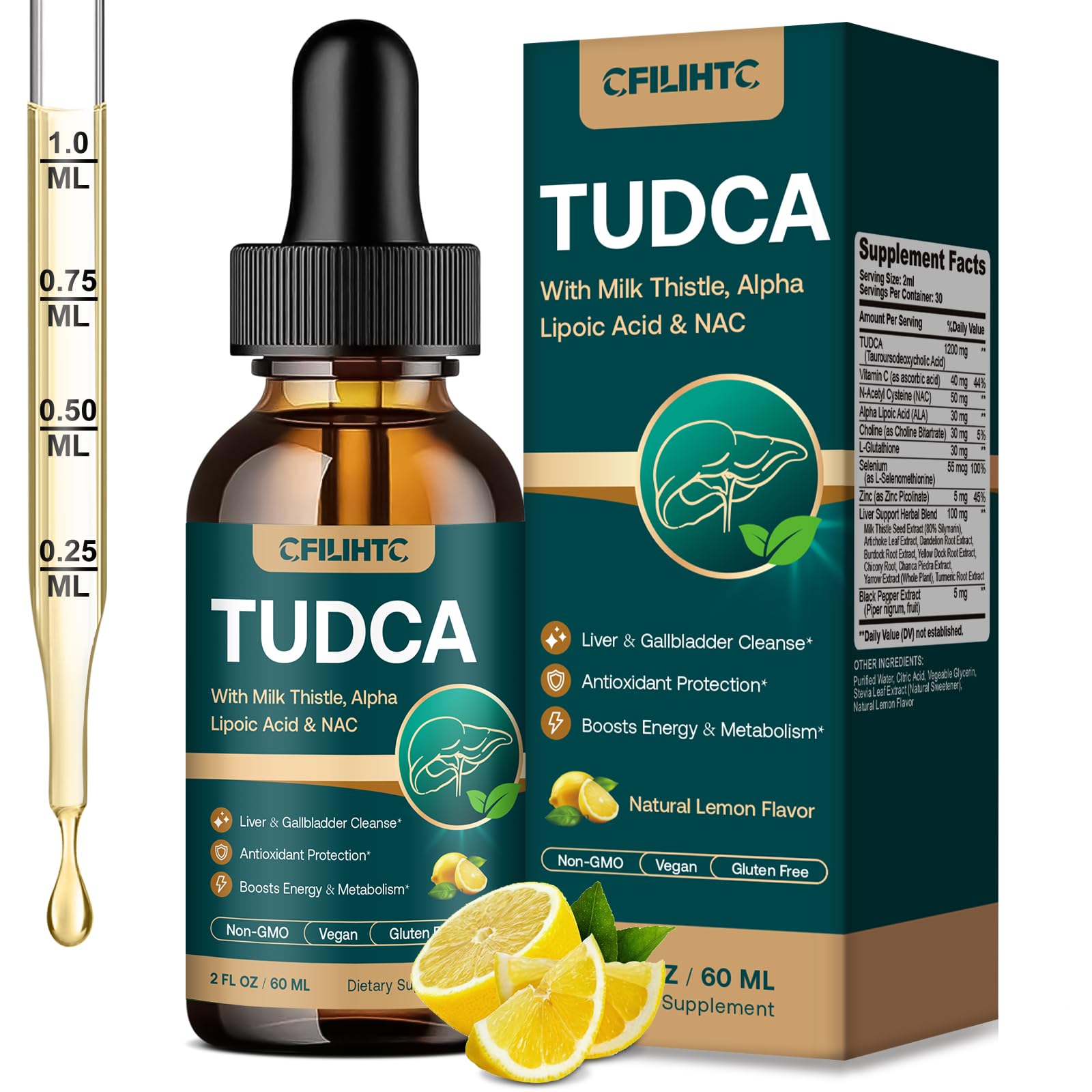 Bouteille CFILIHTC Tudca avec gouttes—format pratique pour le soutien digestif.