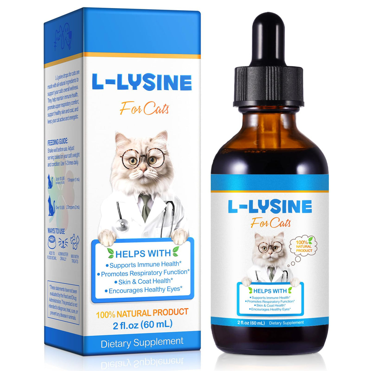 CFXYHNOX gouttes L-Lysine pour chats dans flacon, administration pratique.