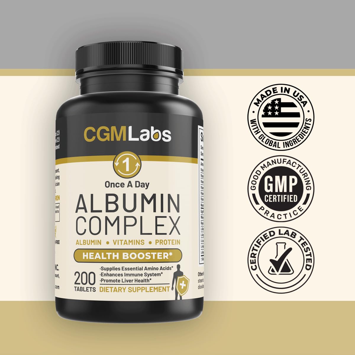 CGMLABS Premium Albumin Complex – fiche produit met en avant pureté et qualité vérifiée.