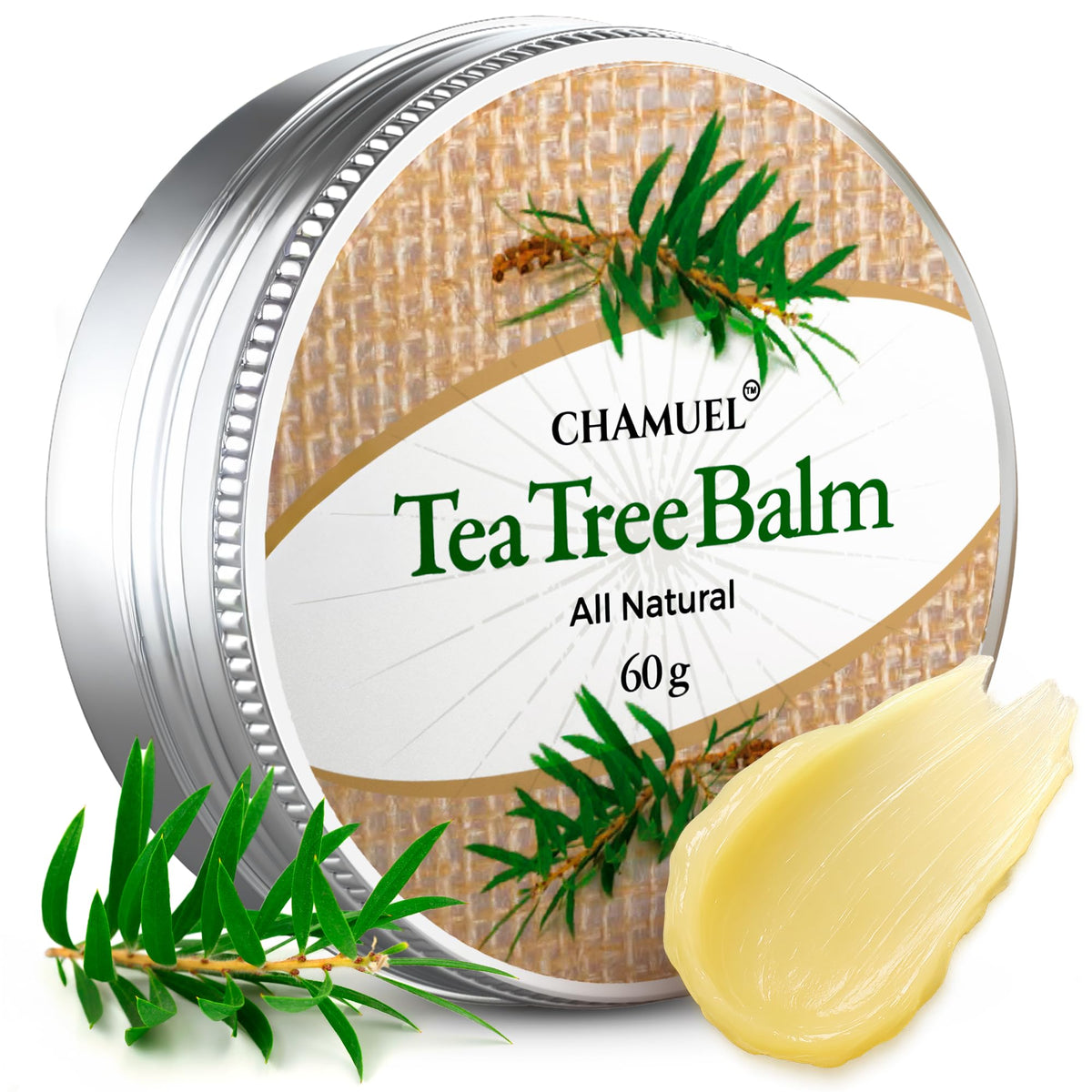 Chamuel – flacon du baume arbre à thé, soin quotidien pour peau sensible.