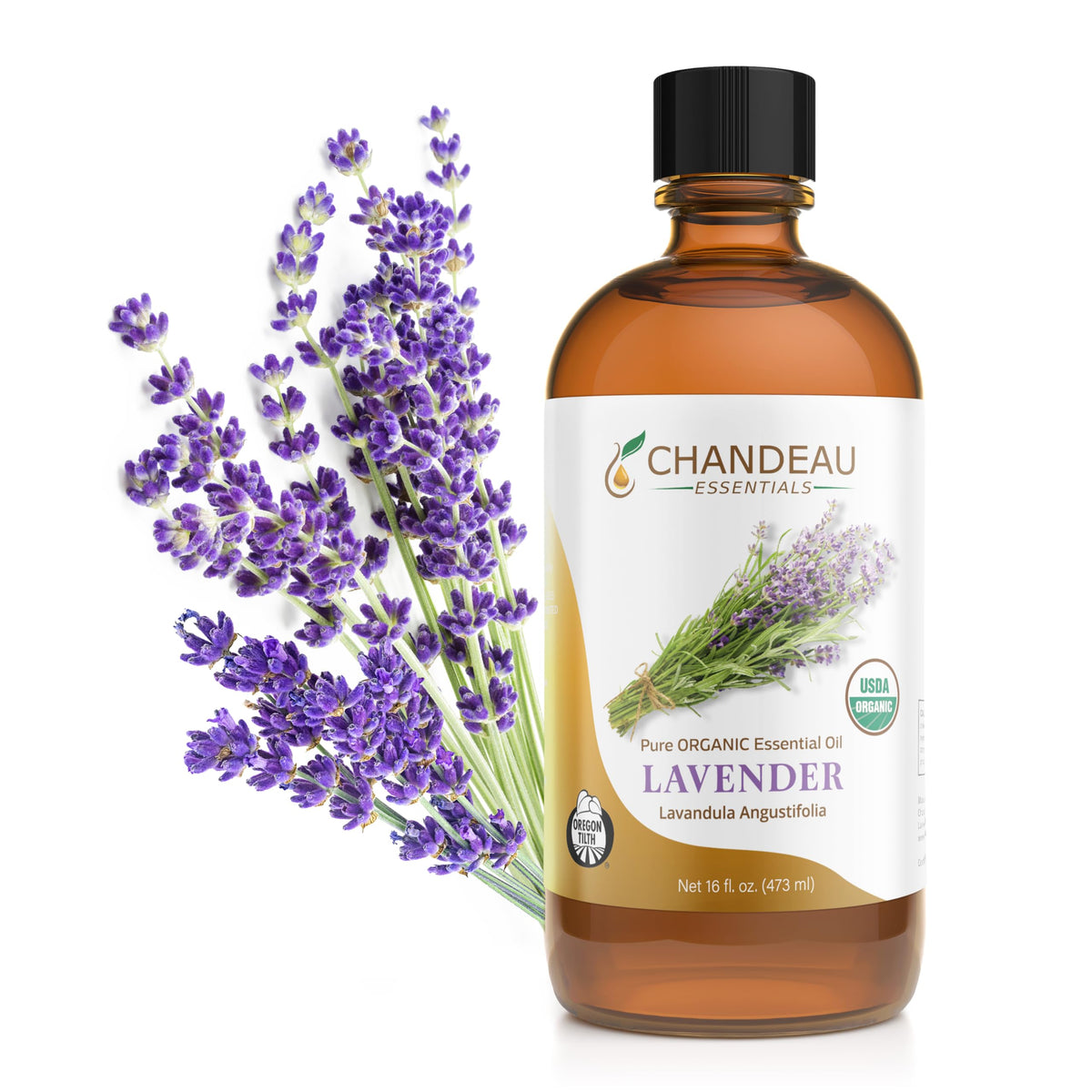 Huile essentielle lavande Chandeau Essentials, bouteille ambrée de 473 ml prête à diffusion.