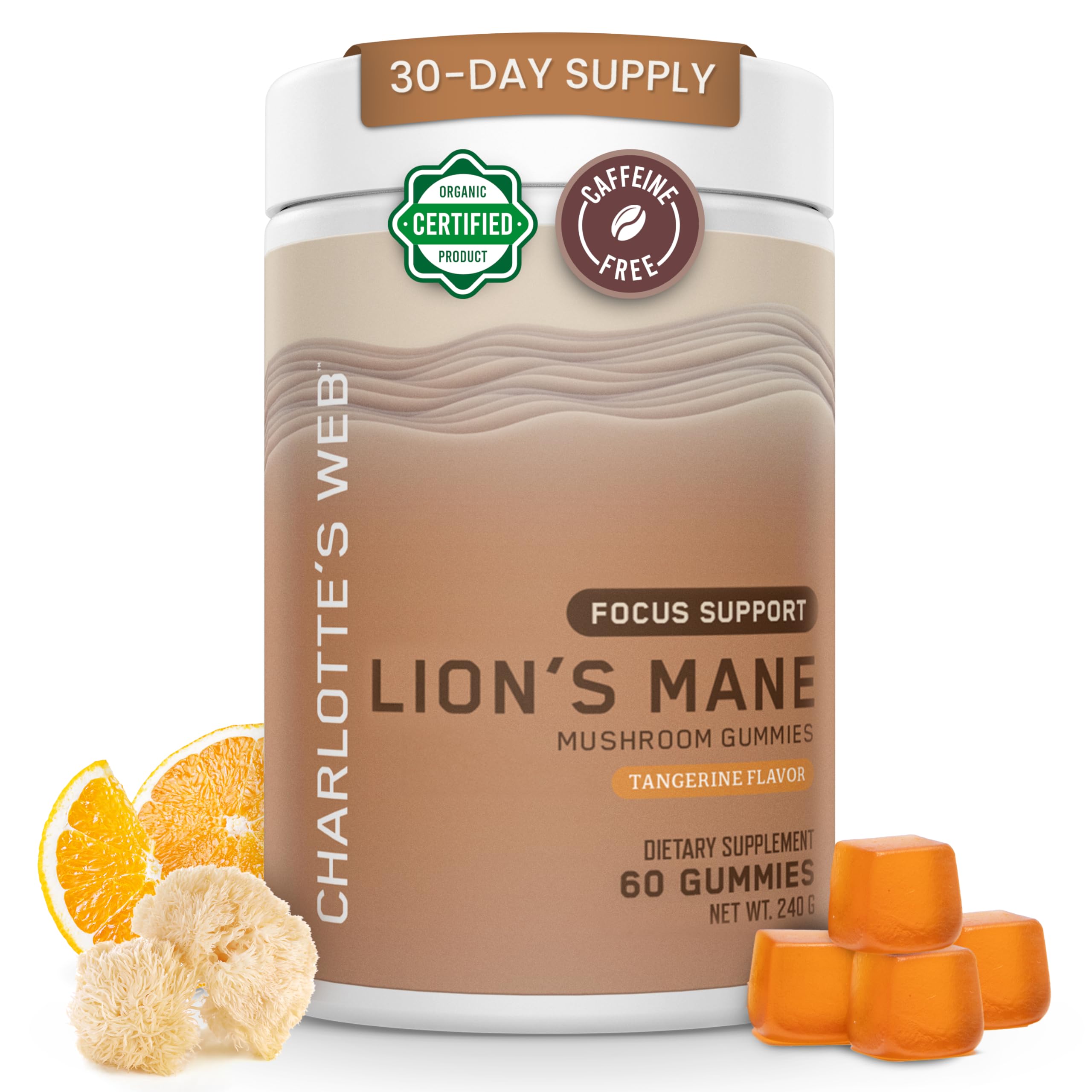 Charlotte's Web Focus Gummies soutien concentration et energie via criniere de lion; gout mandarine.