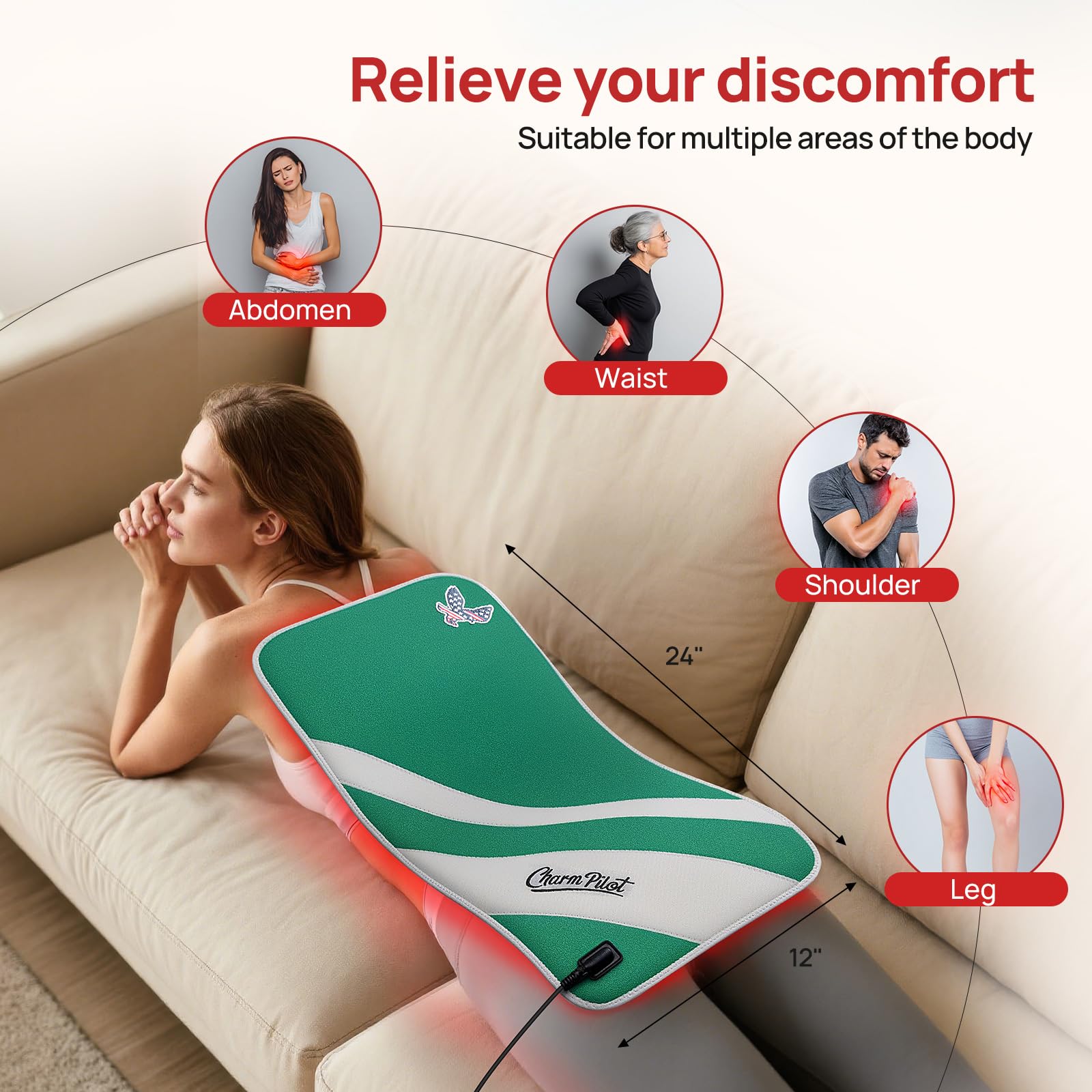 Charmpilot Tapis lumière rouge sur l'abdomen stimule relaxation et circulation.