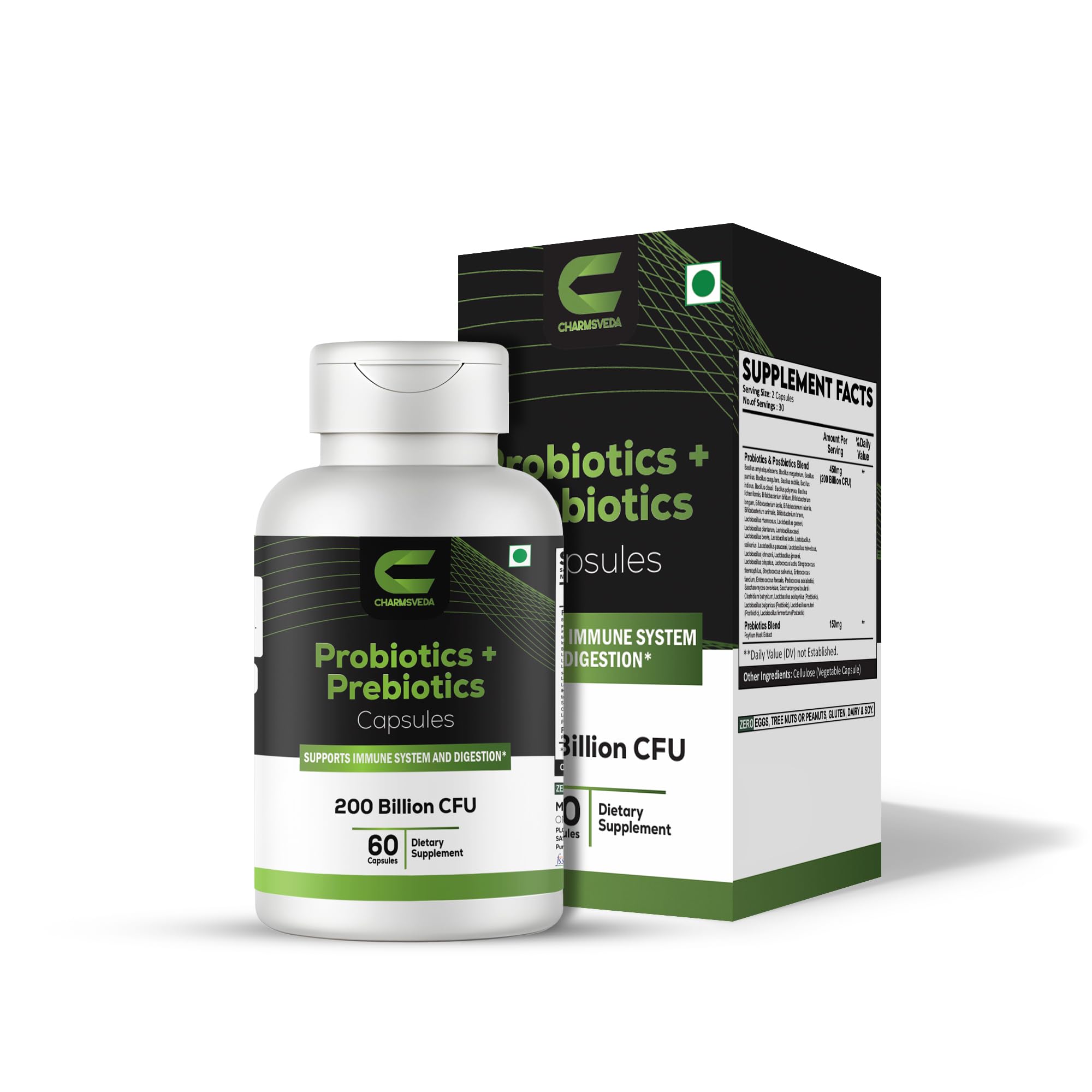 CHARMSVEDA Probiotiques: bouteille avec capsules vegan, soutien digestif potentiel.