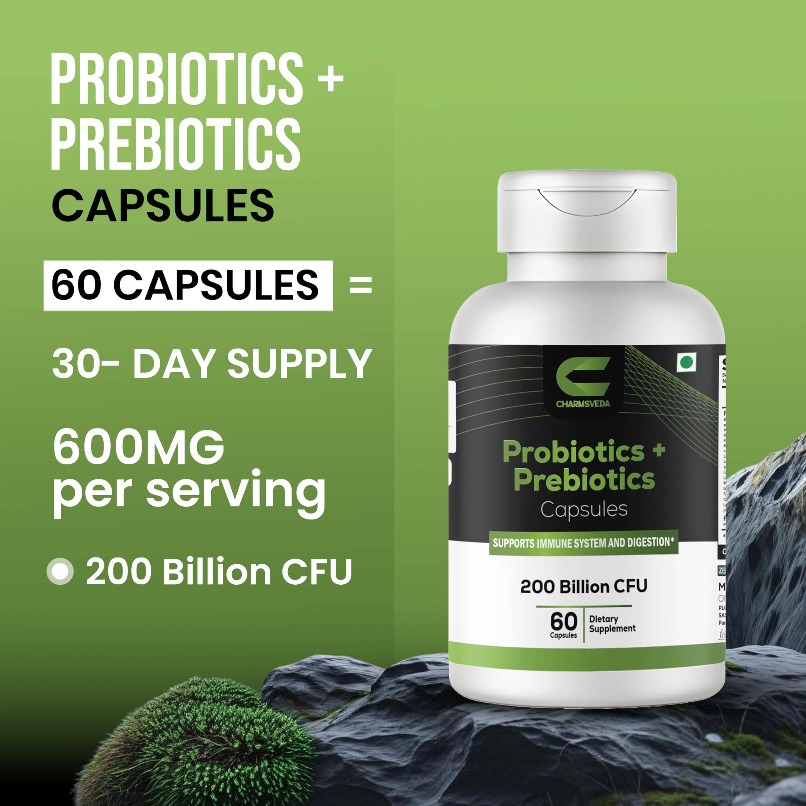 CHARMSVEDA Probiotiques: capsules véganes prêtes à l’utilisation quotidienne.