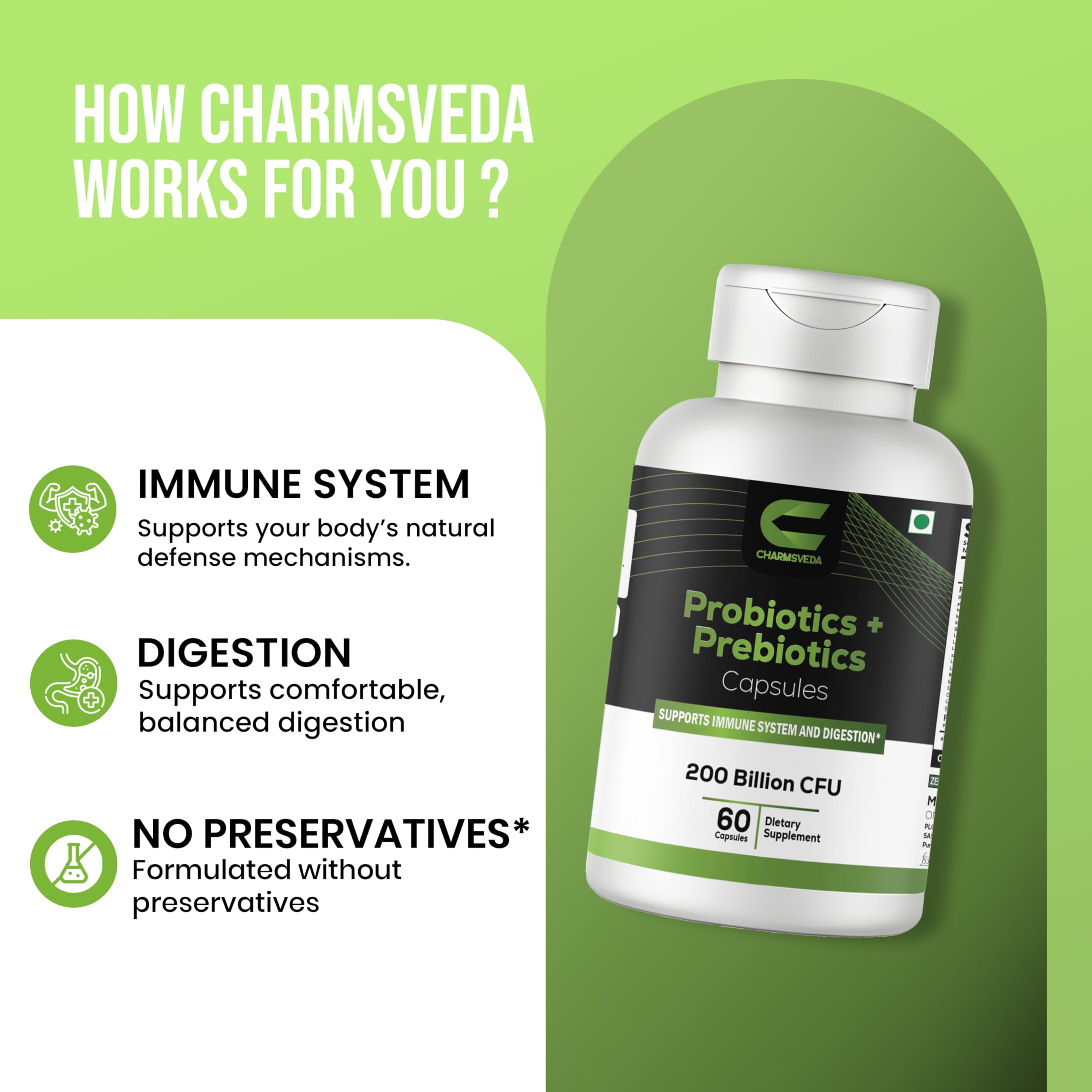 CHARMSVEDA Probiotiques: étiquette claire avec informations sans allergènes.