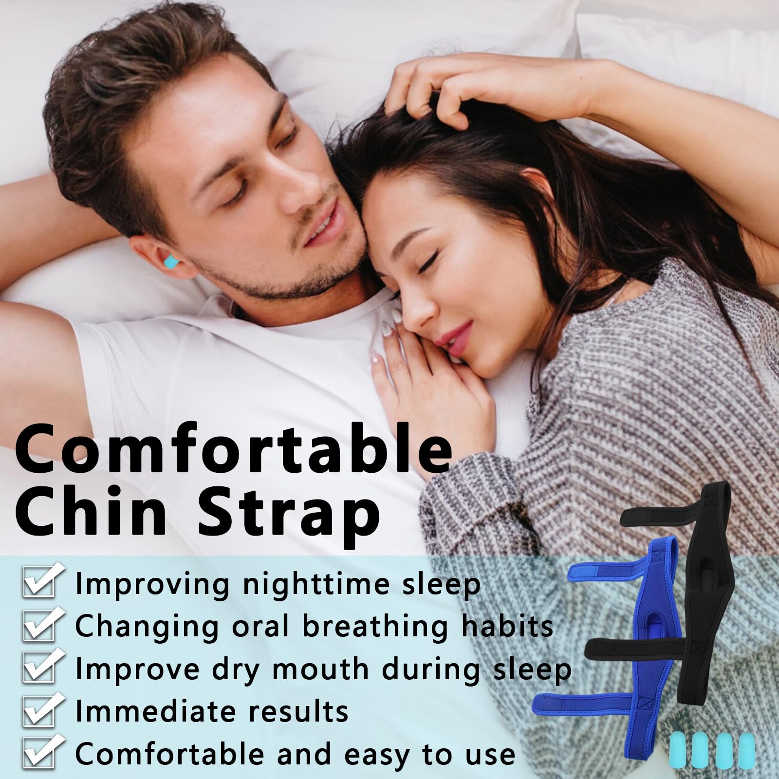Charunee sangle de menton réglable pour dormir, confort longue nuit et ajustement personnalisé.