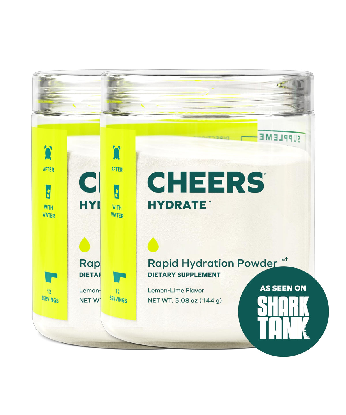 Cheers Hydrate — poudre électrolyte citron-lime dans une bouteille, hydratation rapide envisageable.