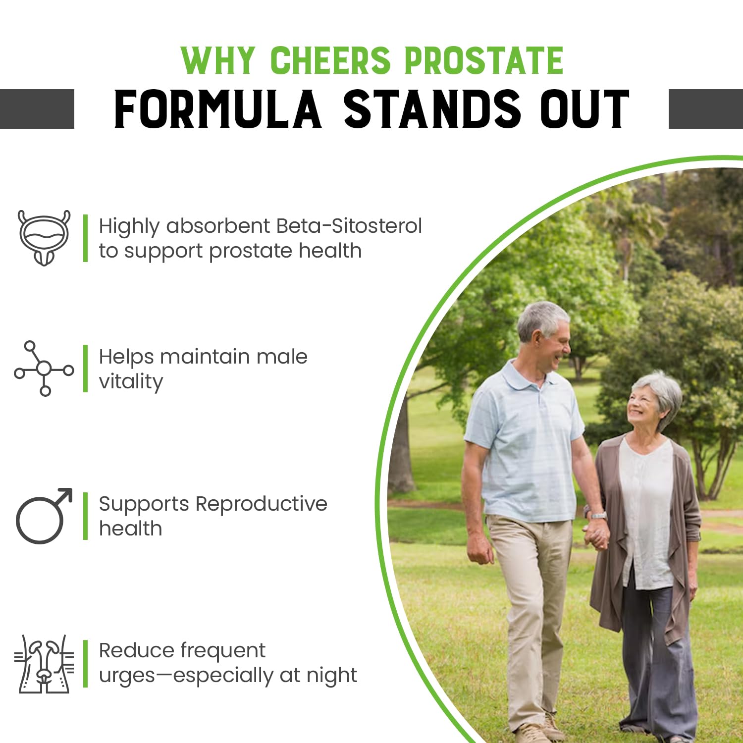 Ingrédients naturels CHEERS Prostate, bêta-sitostérol et palmier nain pour le soutien.