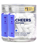Cheers Restore montre la bouteille et les capsules, pratique après une soirée