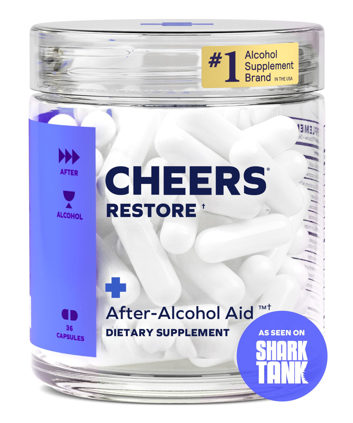Cheers Restore, bouteille et versement, usage après soirée pour une récupération potentielle.