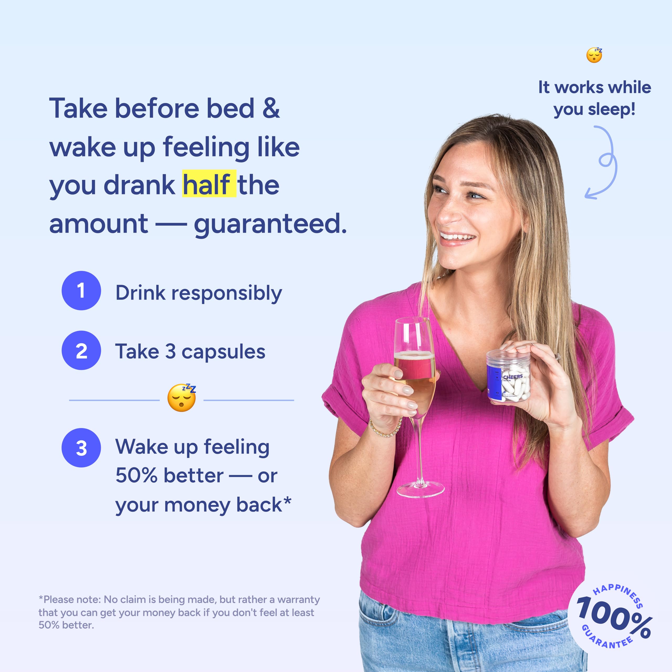 Cheers Restore, capsules en gros plan, souligne le dosage pour soutenir le bien-être nocturne.