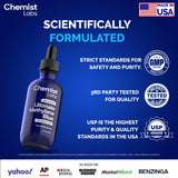 Bouteille Chemist Labs 2 oz avec pipette graduée.