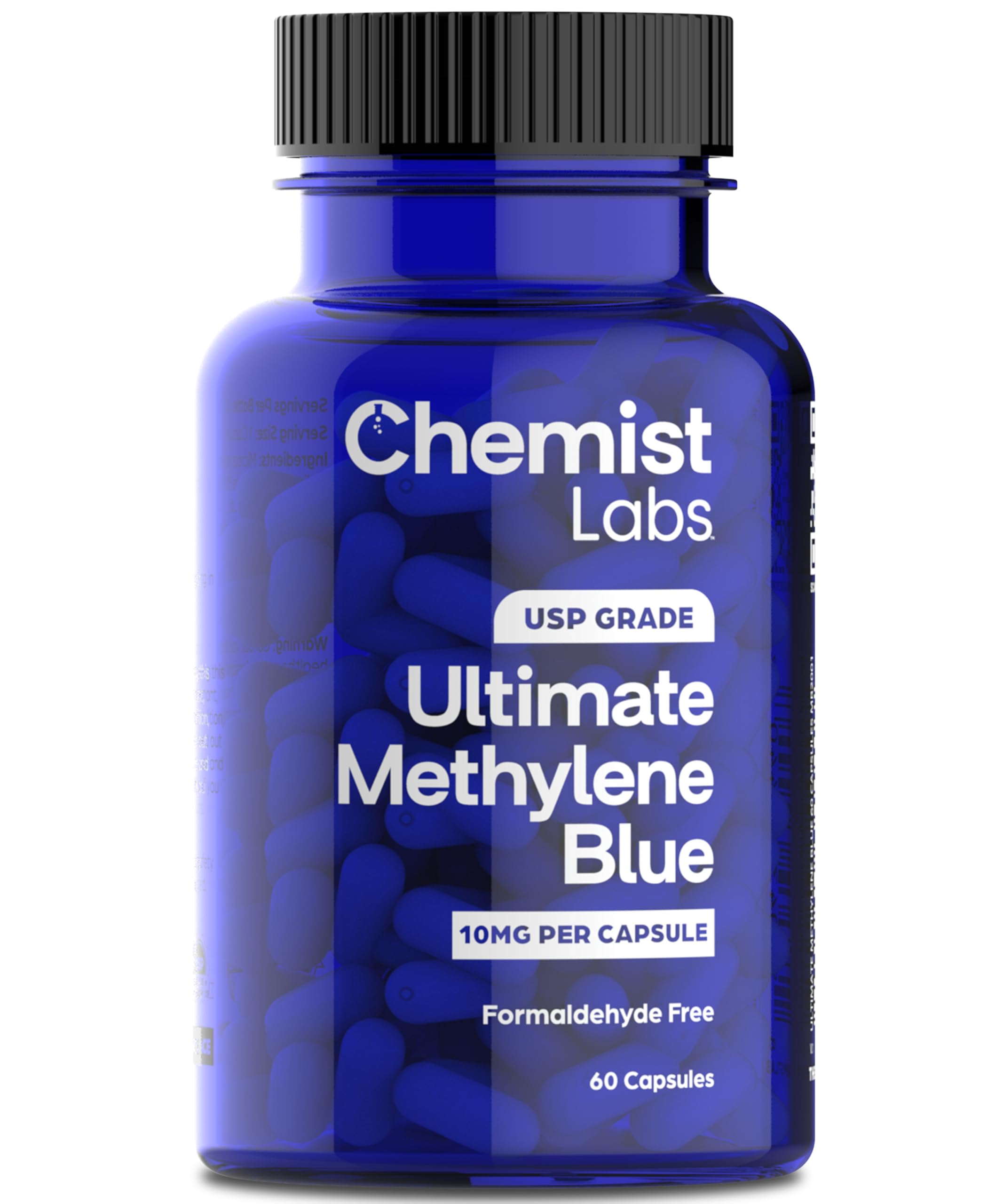 Chemist Labs Methylene Blue Capsules dans leur boîte, soutien potentiel à l'énergie.