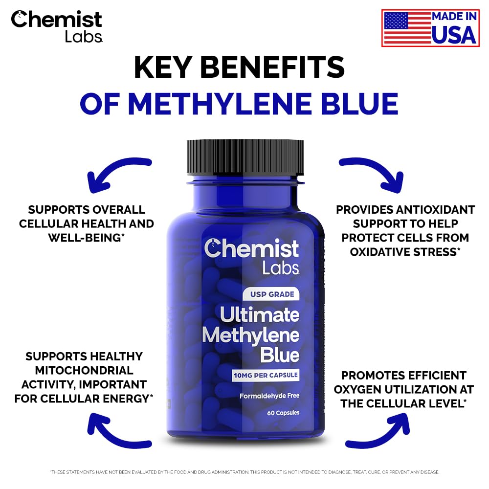 Chemist Labs Methylene Blue Capsules capsules bleues visibles, source pharmaceutique fiable.
