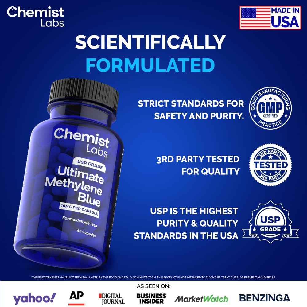 Chemist Labs Methylene Blue Capsules emballage ouvert, format pratique en capsules végétales.