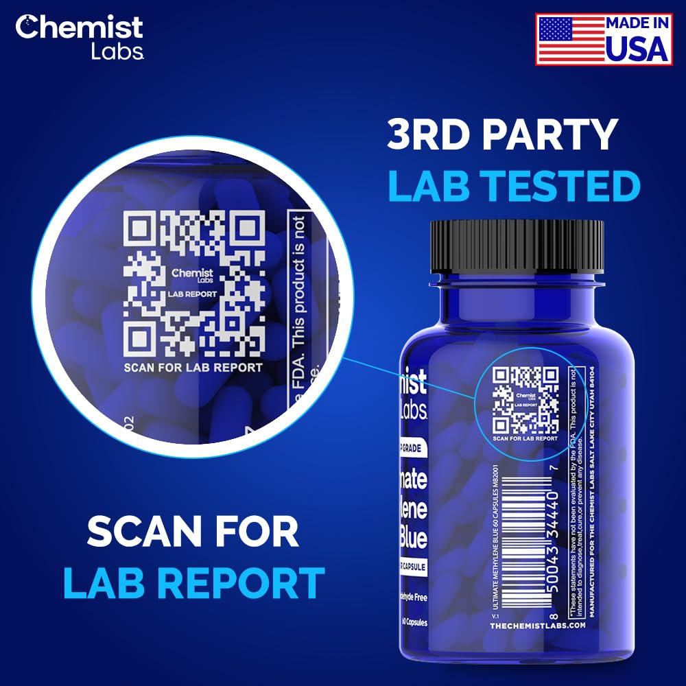 Chemist Labs Methylene Blue Capsules étiquette qualité, traçabilité et contrôle tiers.
