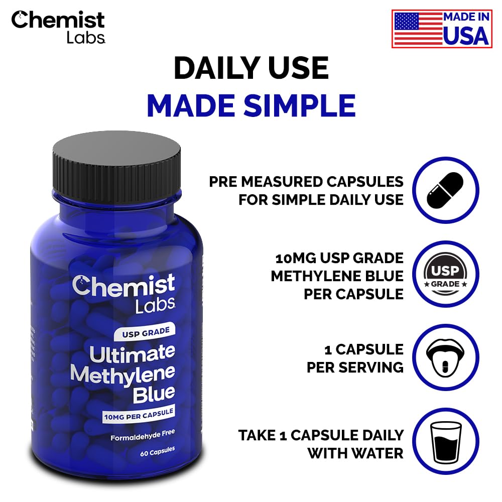 Chemist Labs Methylene Blue Capsules logo et tests tiers, pureté et identité vérifiables.