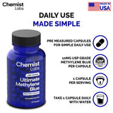 Chemist Labs Methylene Blue Capsules logo et tests tiers, pureté et identité vérifiables.