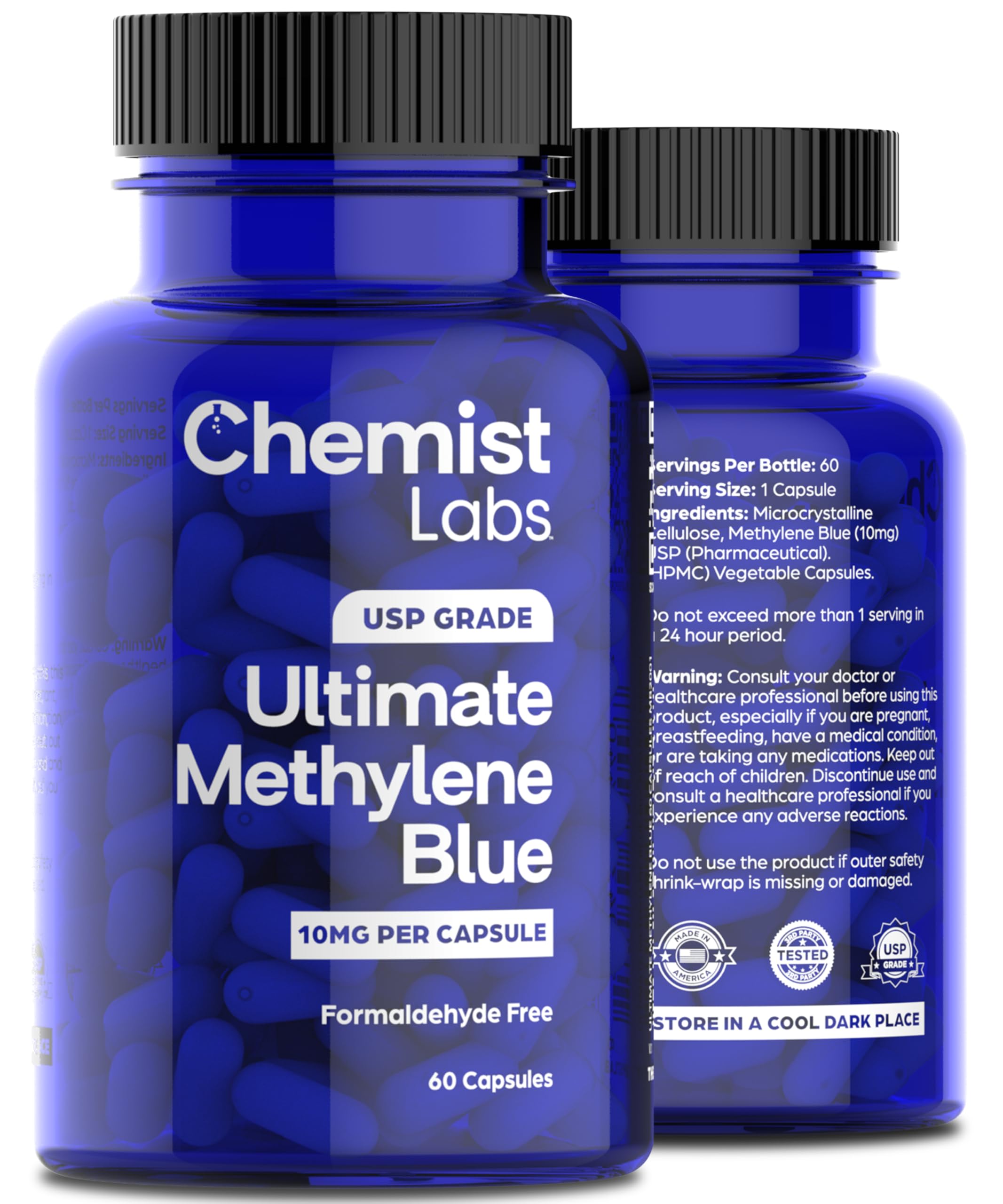 Chemist Labs Methylene Blue Capsules évoque soutien potentiel à la fonction cellulaire et mitochondriale.