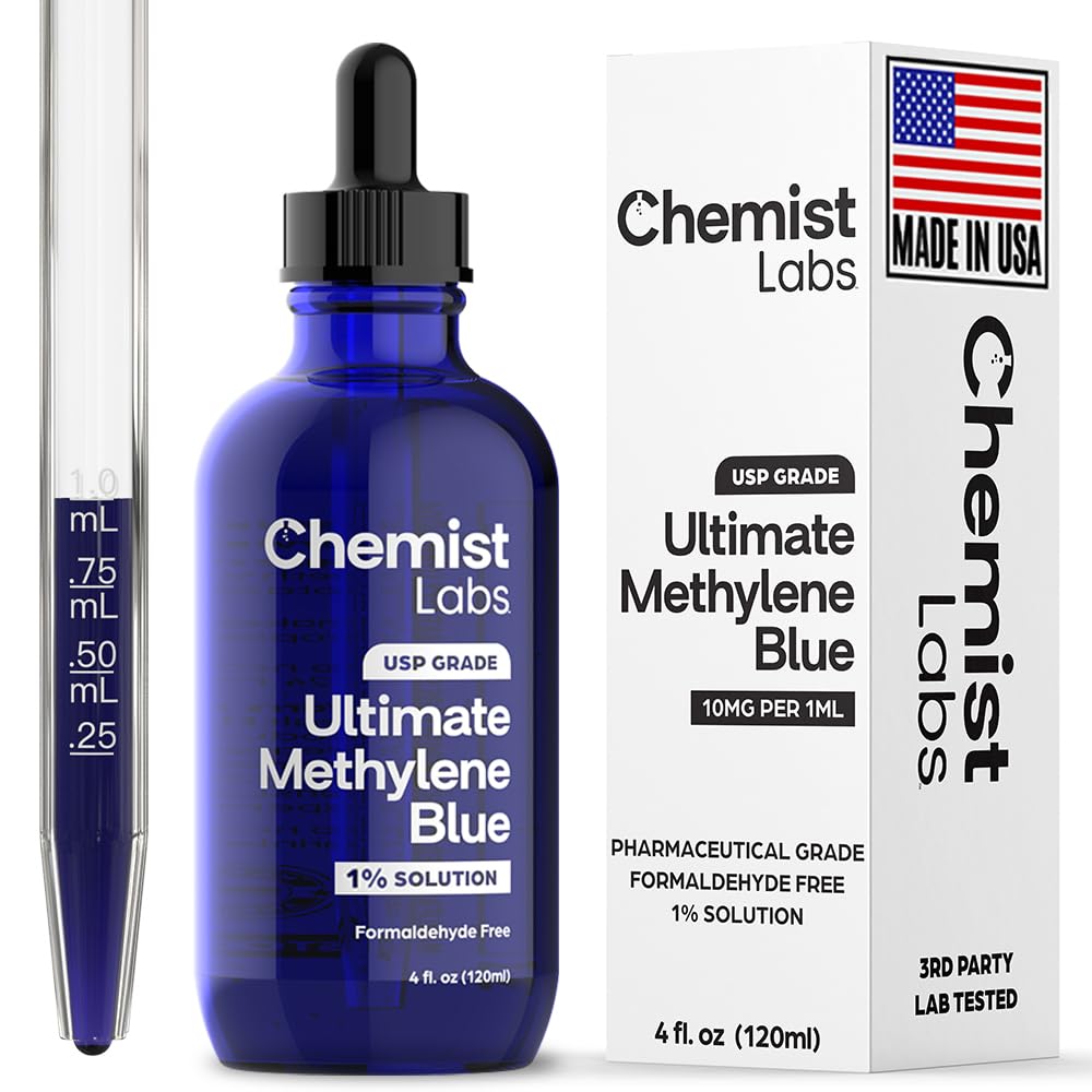 Chemist Labs gouttes bleu de méthylène 1 pour, bouteille graduée facilitant des dosages précis.