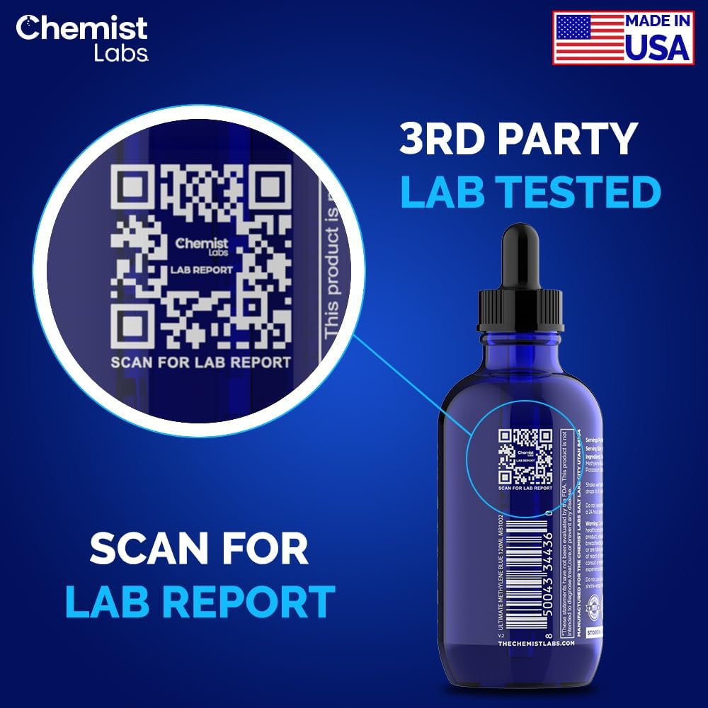 Chemist Labs gouttes bleu de méthylène 4 pour, couleur bleue distincte et mesure cohérente.