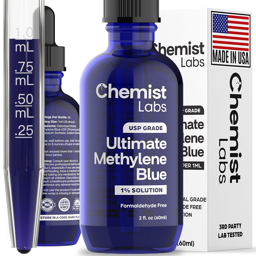 Gouttes bleu méthylène Chemist Labs avec dosage précis.