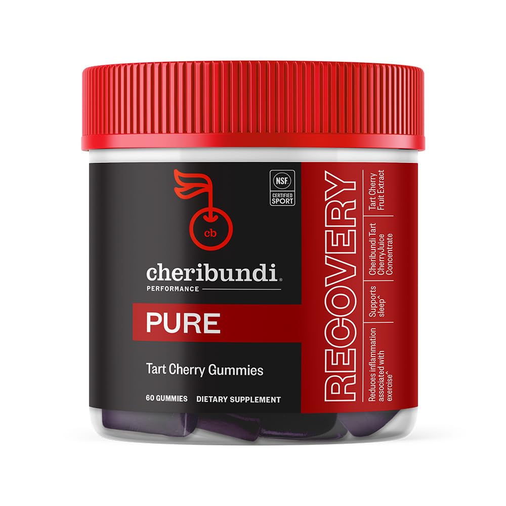 Cheribundi gommes cerises tartes, flacon visible, soutien récupération musculaire.