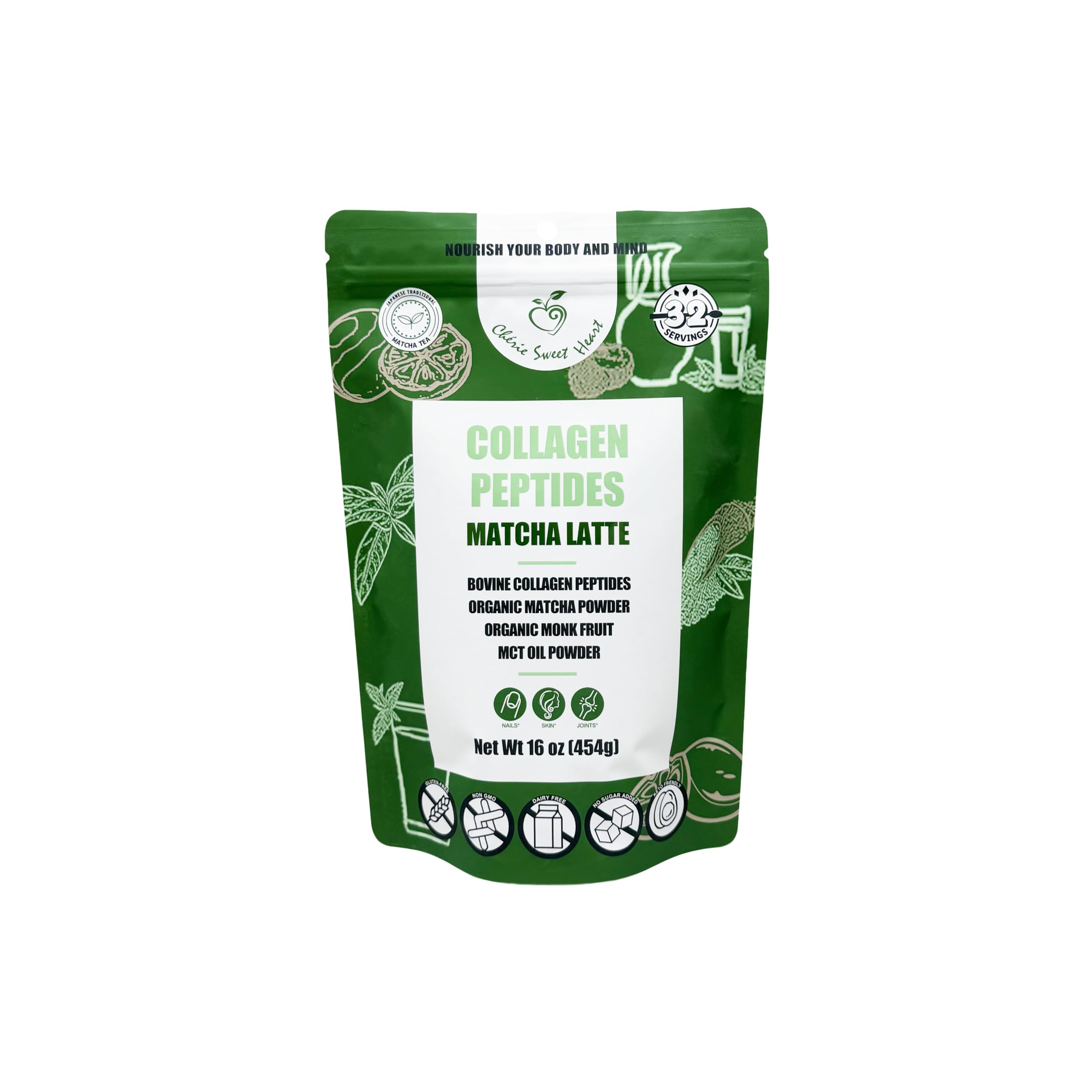 Emballage élégant de Chérie Sweet Heart Collagène Matcha Latte, prêt à découvrir.