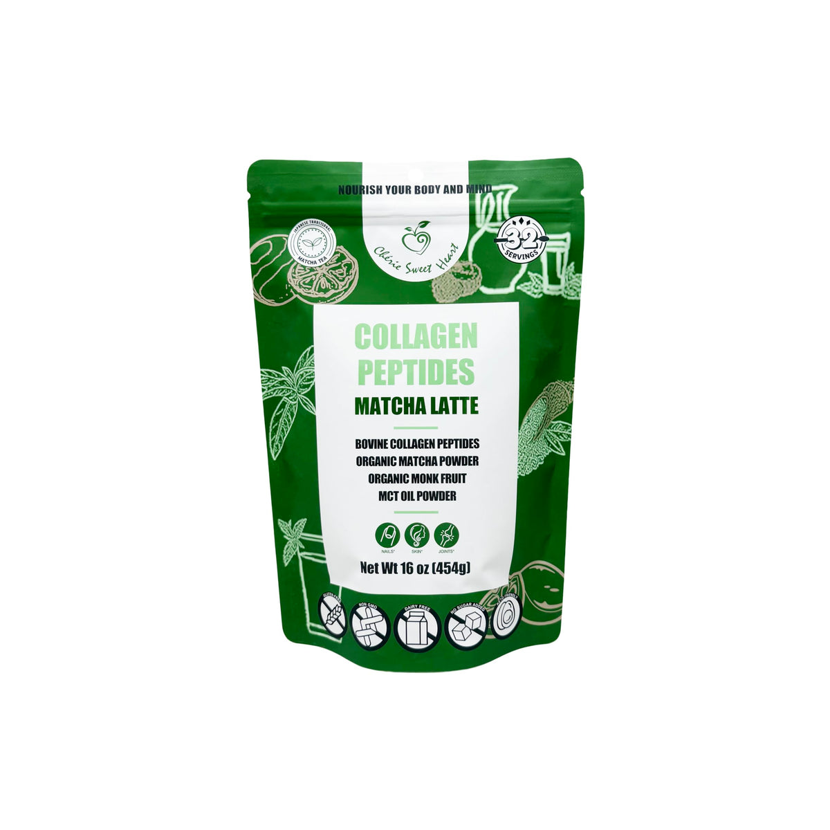 Emballage élégant de Chérie Sweet Heart Collagène Matcha Latte, prêt à découvrir.