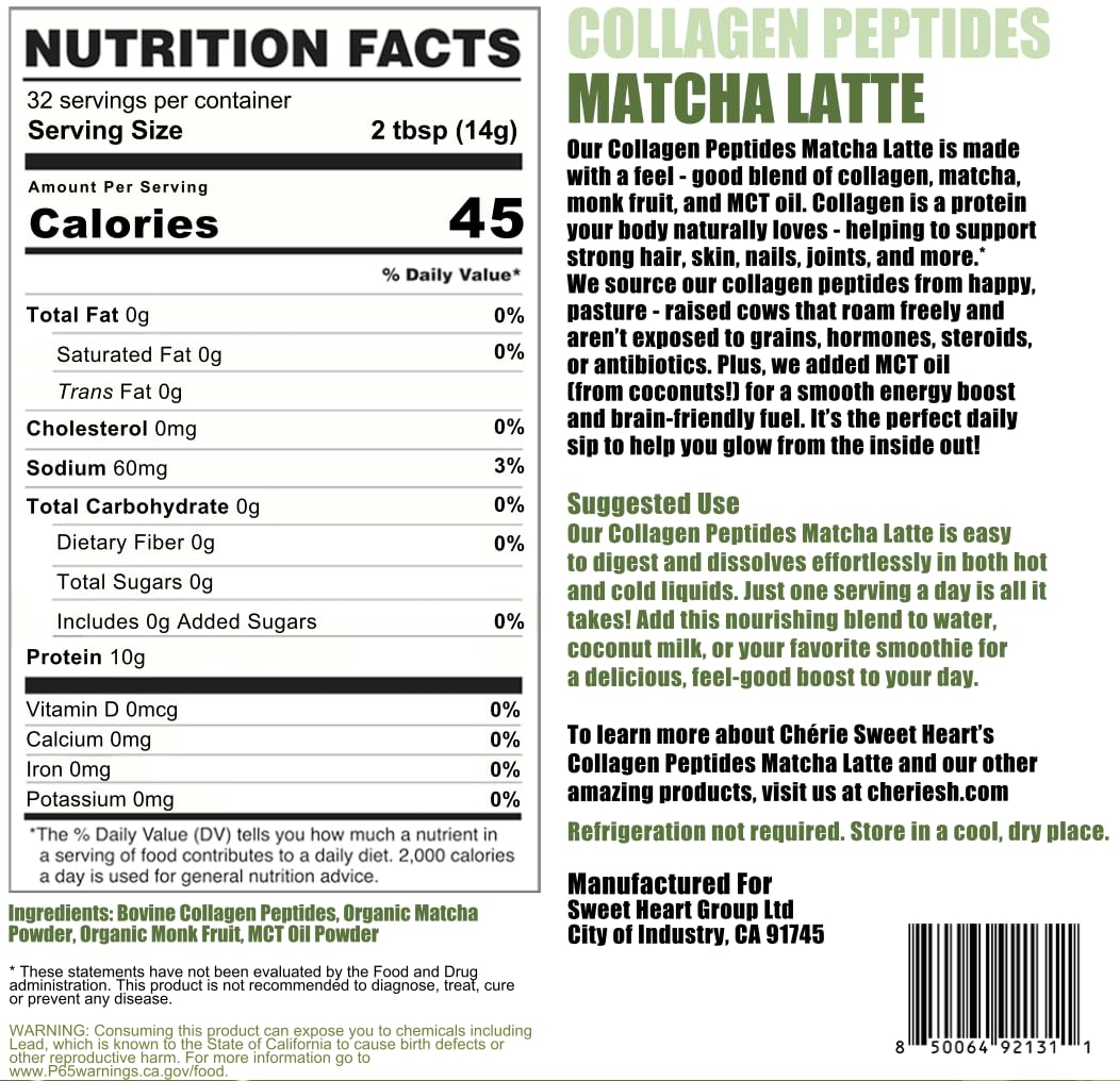 Poudre en cuillère de Chérie Sweet Heart Collagène Matcha Latte, dosage rapide.