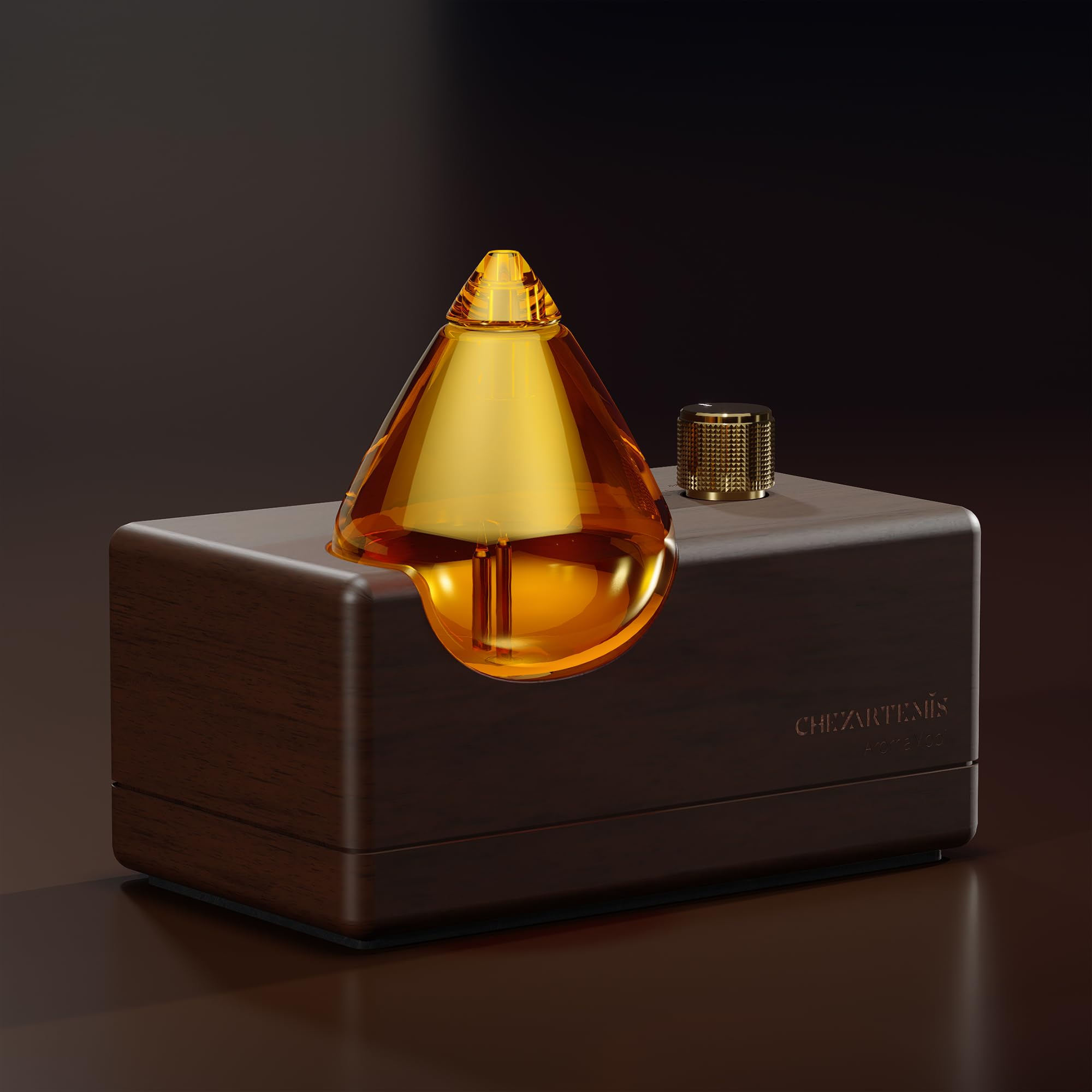 CHEZARTEMIS diffuseur ambre-verre et base bois, crée une ambiance chaleureuse et naturelle.