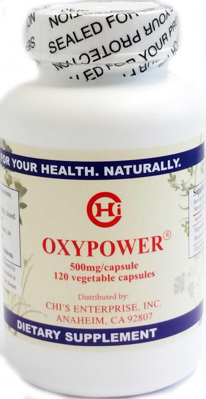 OxyPower de Chi's Enterprise, bouteille montrée, soutien potentiel à la respiration et à l'énergie