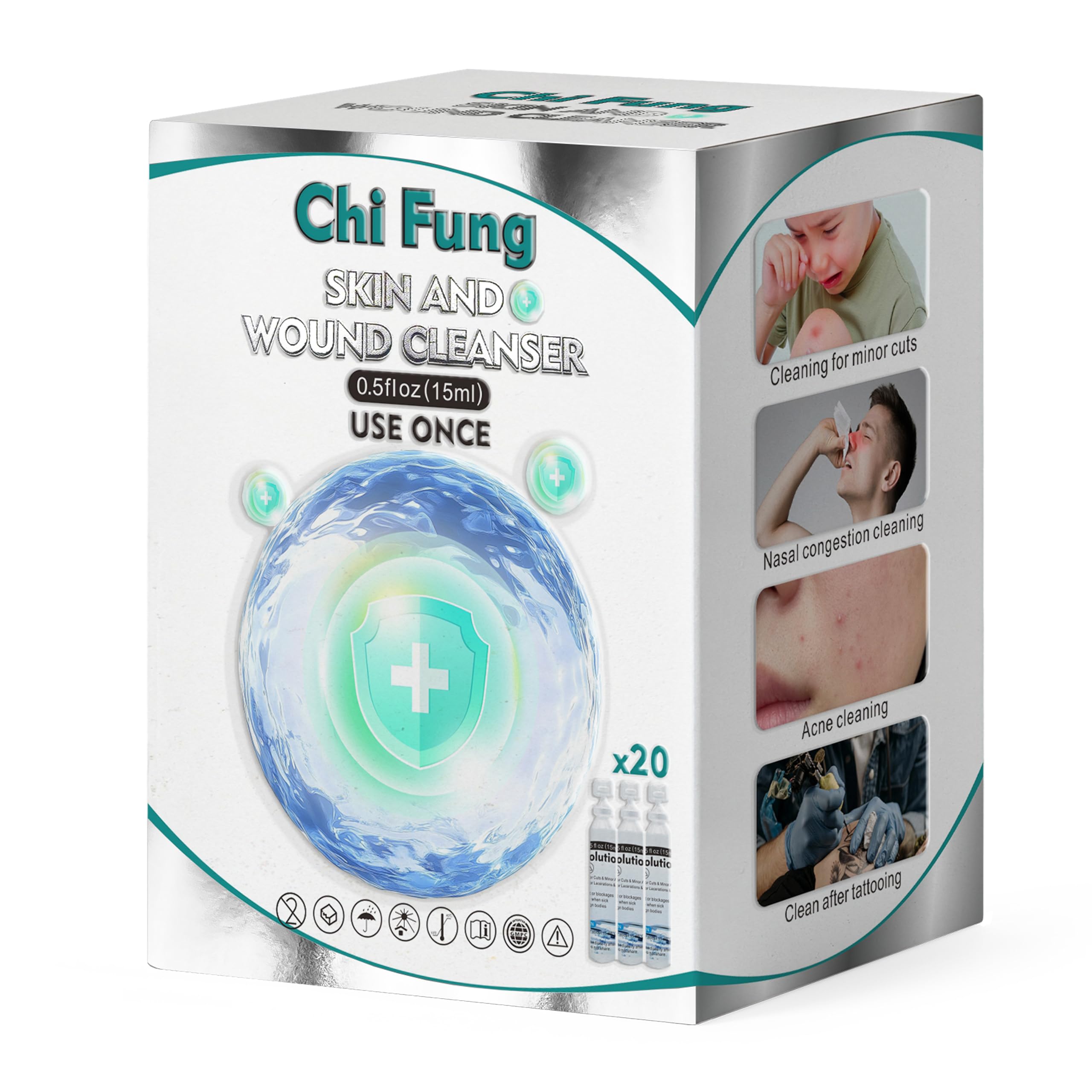 CHI FUNG Solution saline, 20 dosettes stériles prêtes à l’emploi pour l’hygiène.