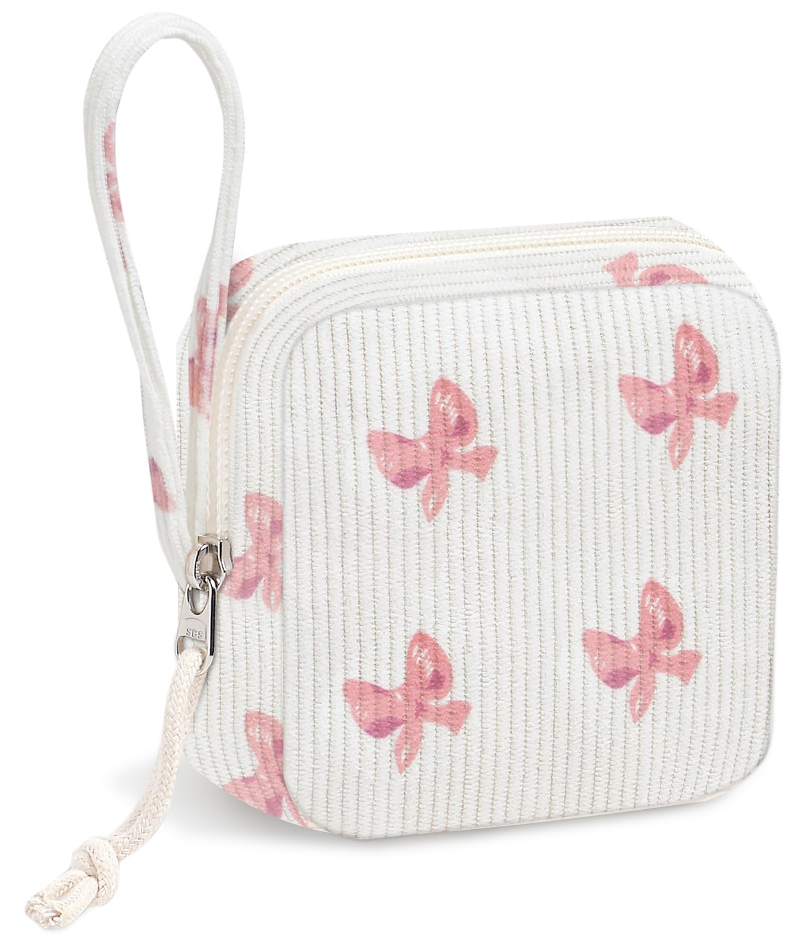 Chicarries petite trousse en velours côtelé rose noeaud, rangement discret pour protections hygiéniques.