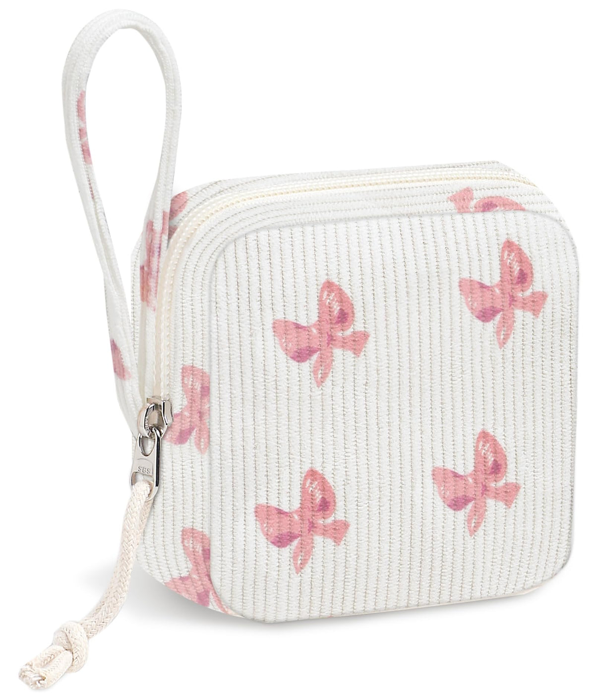 Chicarries petite trousse en velours côtelé rose noeaud, rangement discret pour protections hygiéniques.