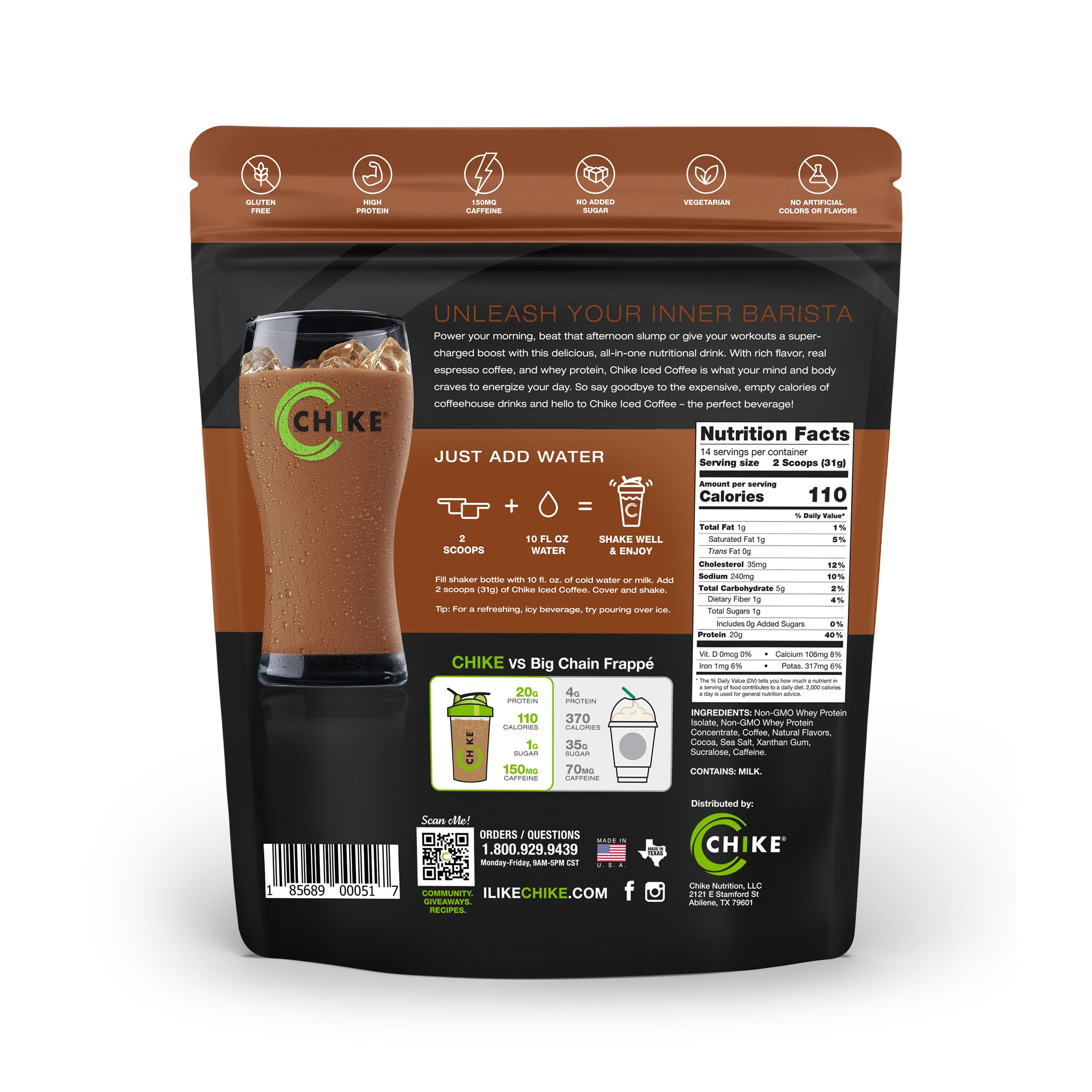 CHIKE Mocha proteine cafe froid servi en verre, espresso intense et saveur chocolatee