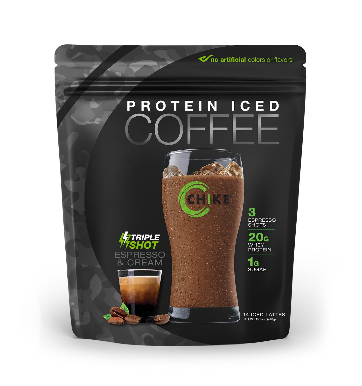 CHIKE Triple Shot Espresso & Cream — bouteille affichant trois expressos pour énergie rapide.